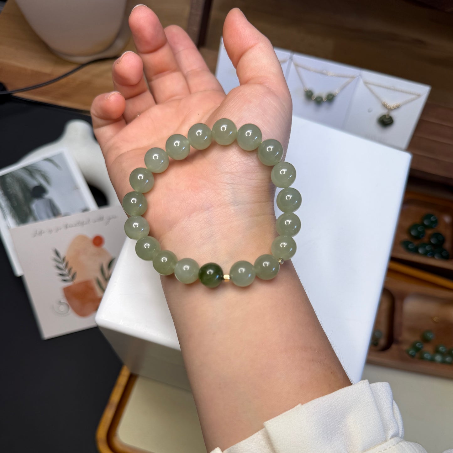 Light Green Nephrite Jade Beaded Bracelet, Natural Hetian Jade