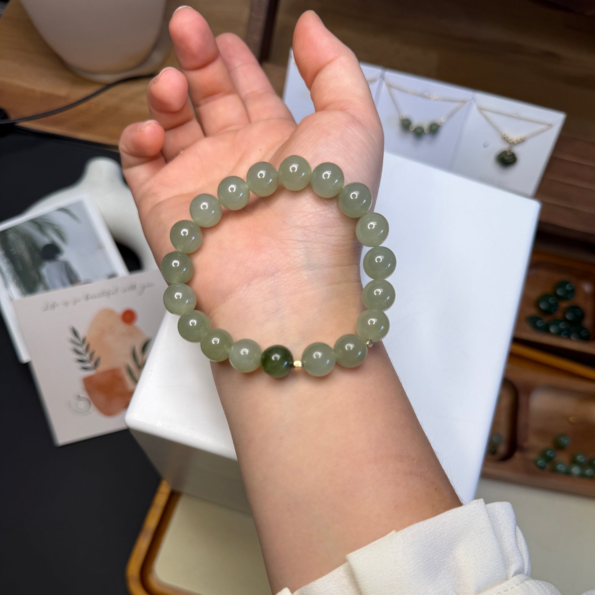Light Green Nephrite Jade Beaded Bracelet, Natural Hetian Jade