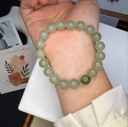 Light Green Nephrite Jade Beaded Bracelet, Natural Hetian Jade