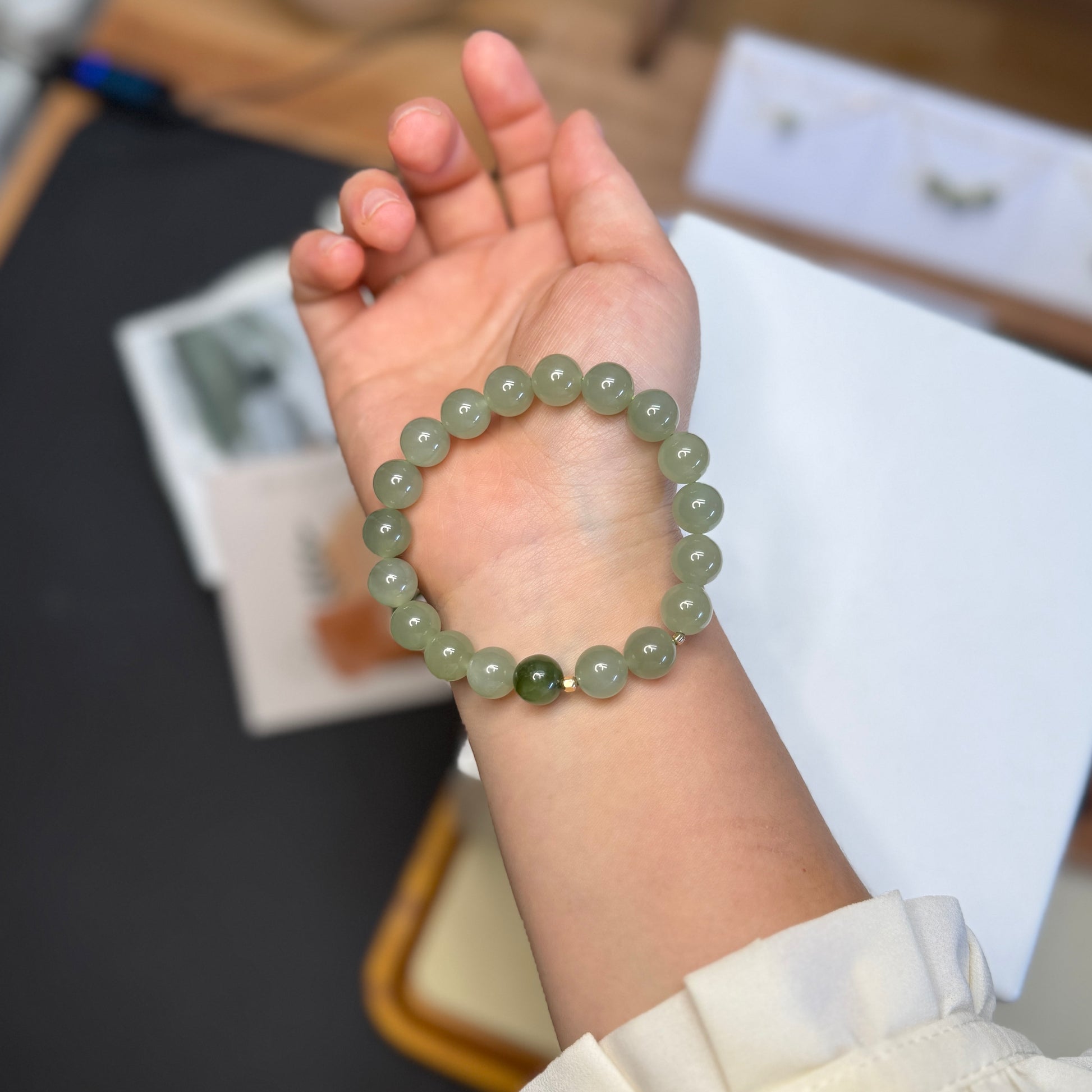 Light Green Nephrite Jade Beaded Bracelet, Natural Hetian Jade