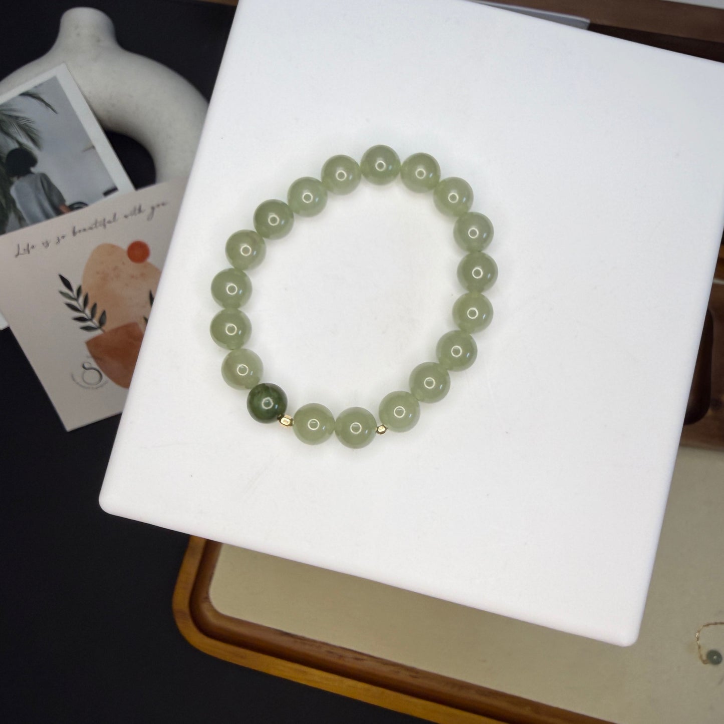 Light Green Nephrite Jade Beaded Bracelet, Natural Hetian Jade