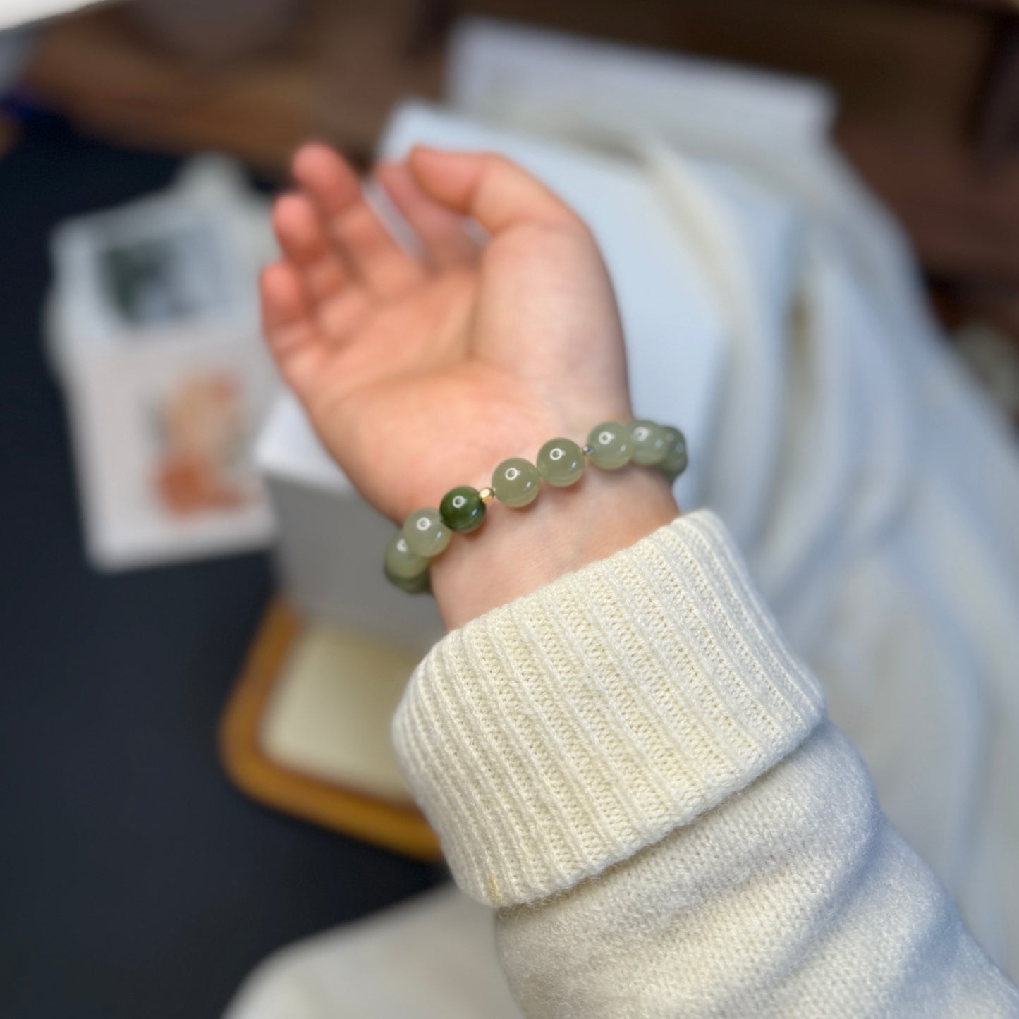Light Green Nephrite Jade Beaded Bracelet, Natural Hetian Jade