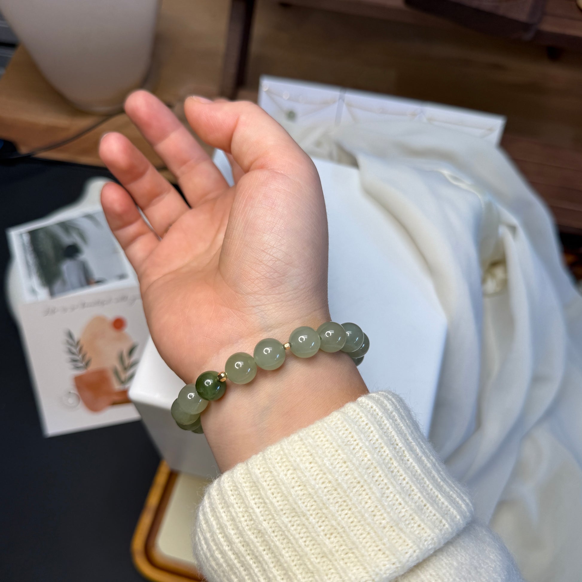 Light Green Nephrite Jade Beaded Bracelet, Natural Hetian Jade