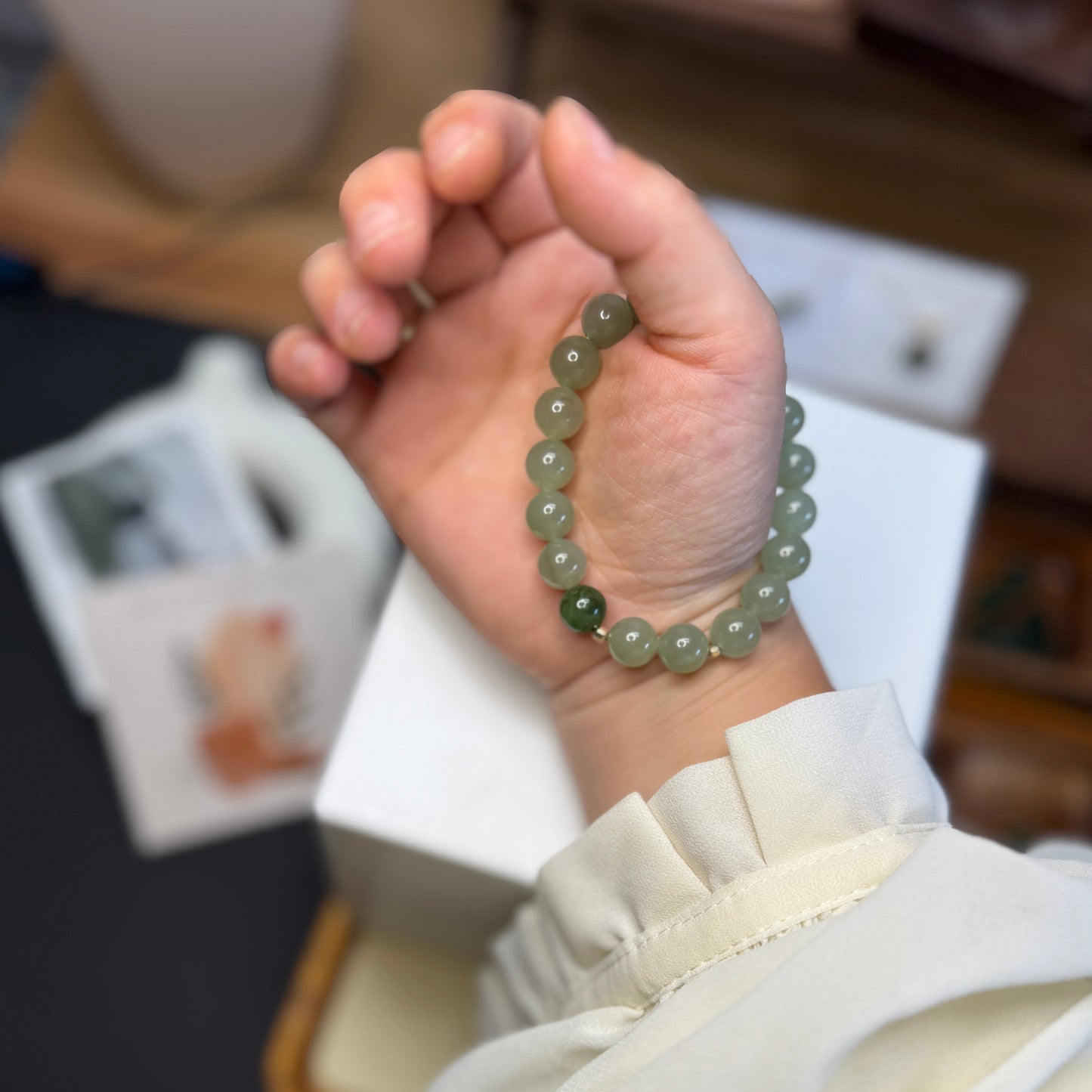 Light Green Nephrite Jade Beaded Bracelet, Natural Hetian Jade