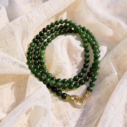Long Jade Beaded Necklace, Natural Nephrite Hetian Jade