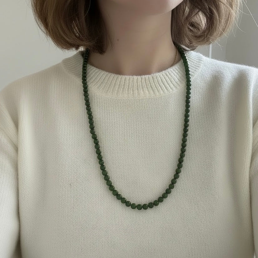 Long Jade Beaded Necklace, Natural Nephrite Hetian Jade