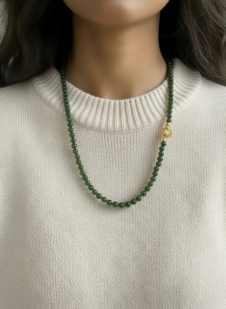 Long Jade Beaded Necklace, Natural Nephrite Hetian Jade