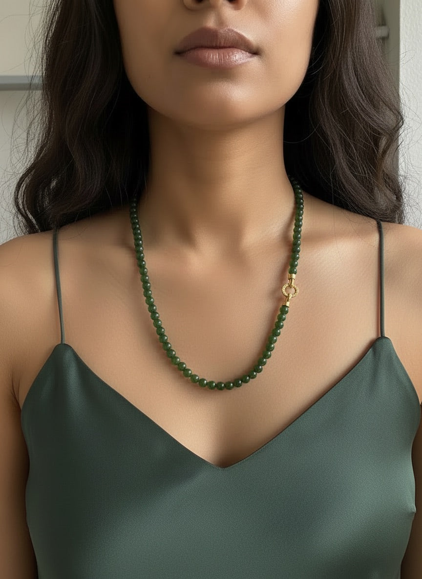 Long Jade Beaded Necklace, Natural Nephrite Hetian Jade