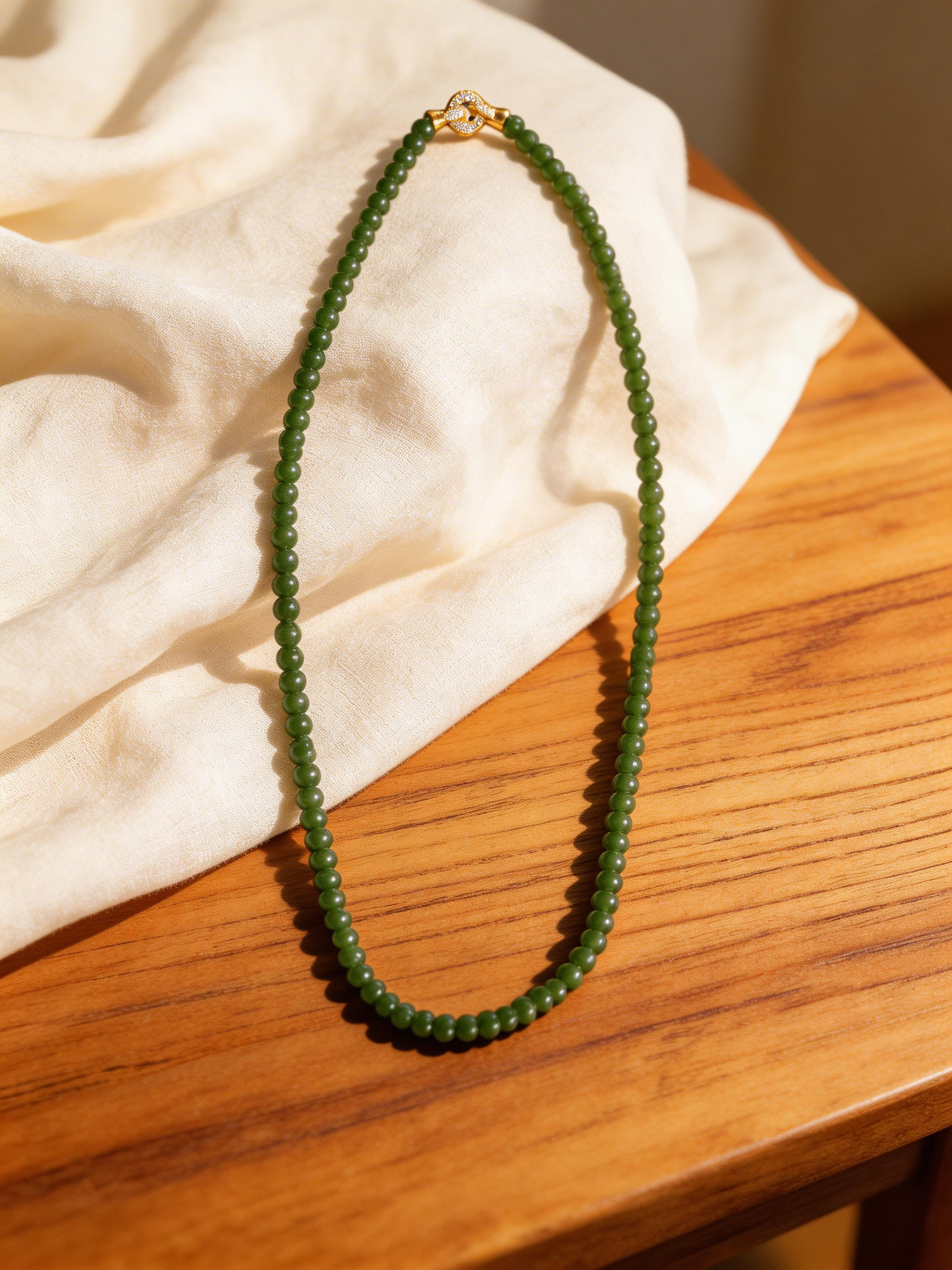 Long Jade Beaded Necklace, Natural Nephrite Hetian Jade