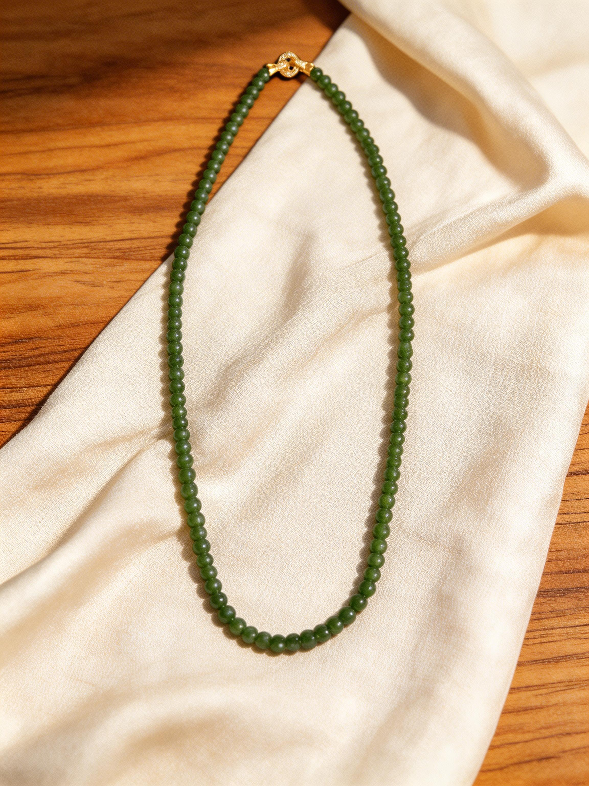 Long Jade Beaded Necklace, Natural Nephrite Hetian Jade