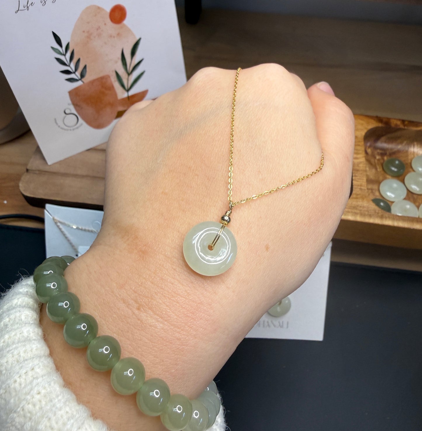 Natural Hetian Jade Necklace, Lucky Donut Nephrite Pendant