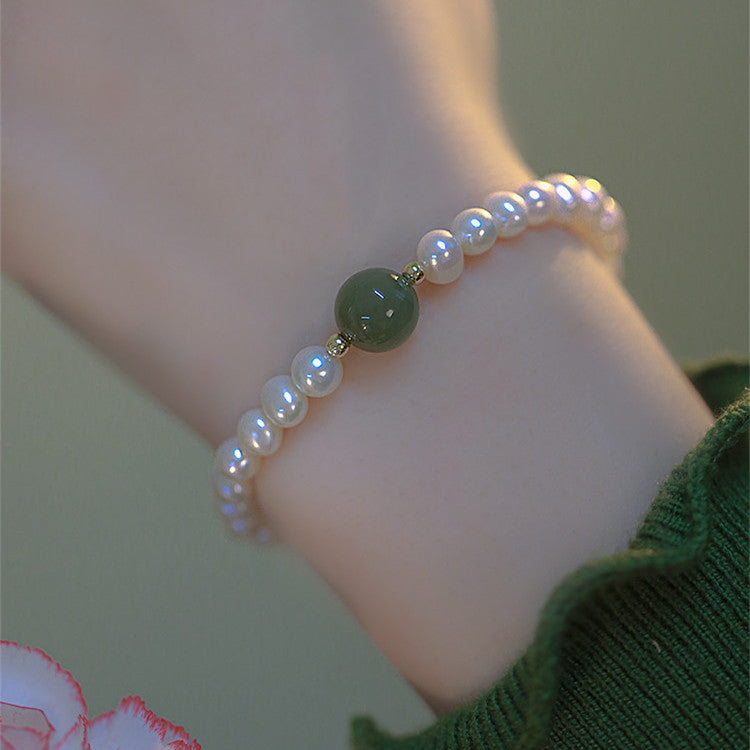 Fresh Water Pearl Stretch Bracelet with Natural Hetian Jade