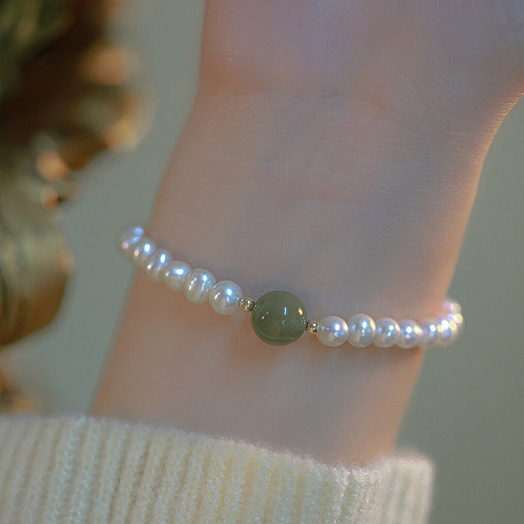 Natural FreshWater Pearl Bracelet, Pearl with Gemstone Bracelet, Pearl Jade Bracelet, Fresh Water Pearl, Round Pearl Bracelet with Charm1