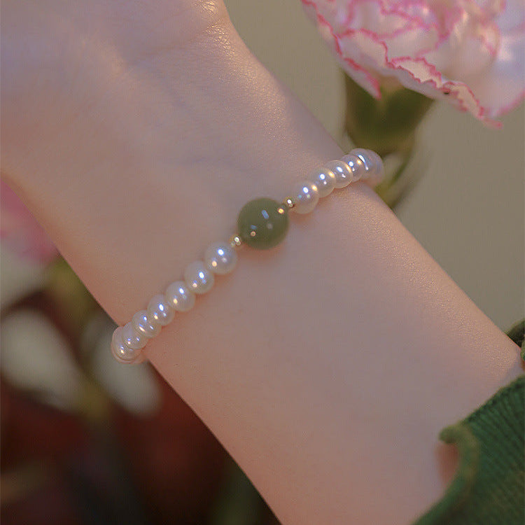 Natural FreshWater Pearl Bracelet, Pearl with Gemstone Bracelet, Pearl Jade Bracelet, Fresh Water Pearl, Round Pearl Bracelet with Charm1
