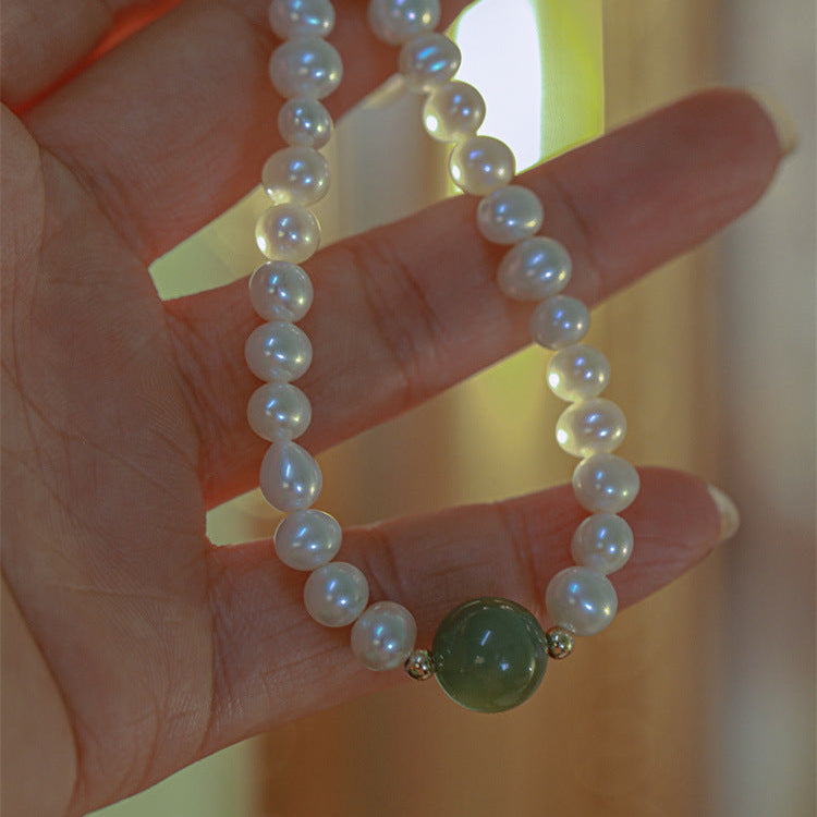 Natural FreshWater Pearl Bracelet, Pearl with Gemstone Bracelet, Pearl Jade Bracelet, Fresh Water Pearl, Round Pearl Bracelet with Charm1