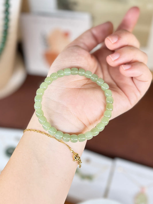 Natural Hetian Jade Beaded Bracelet, Authentic Light Green Nephrite Jade