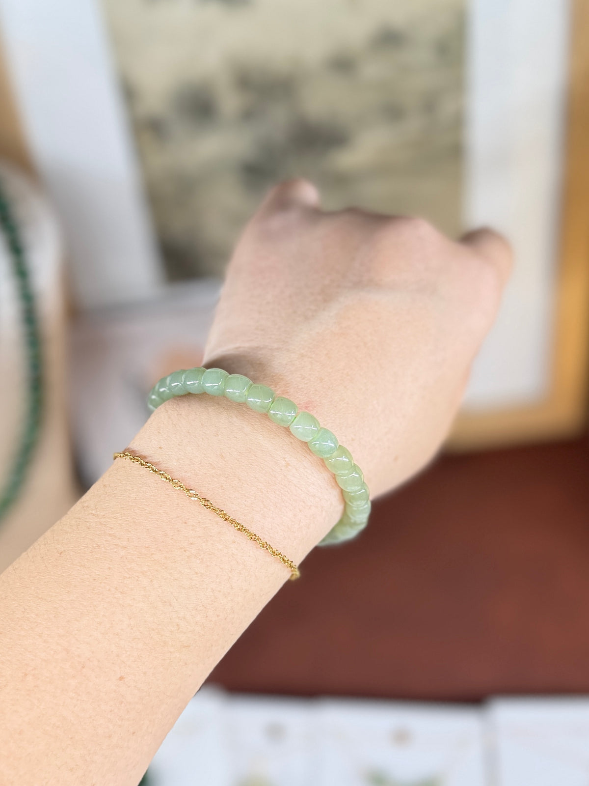 Natural Hetian Jade Beaded Bracelet, Authentic Light Green Nephrite Jade