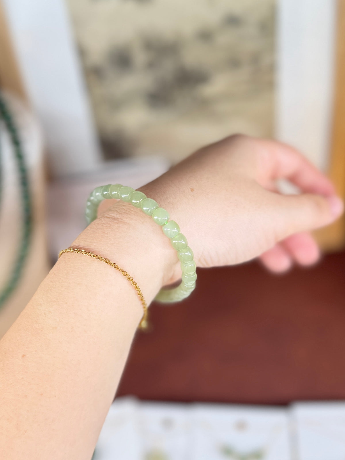 Natural Hetian Jade Beaded Bracelet, Authentic Light Green Nephrite Jade