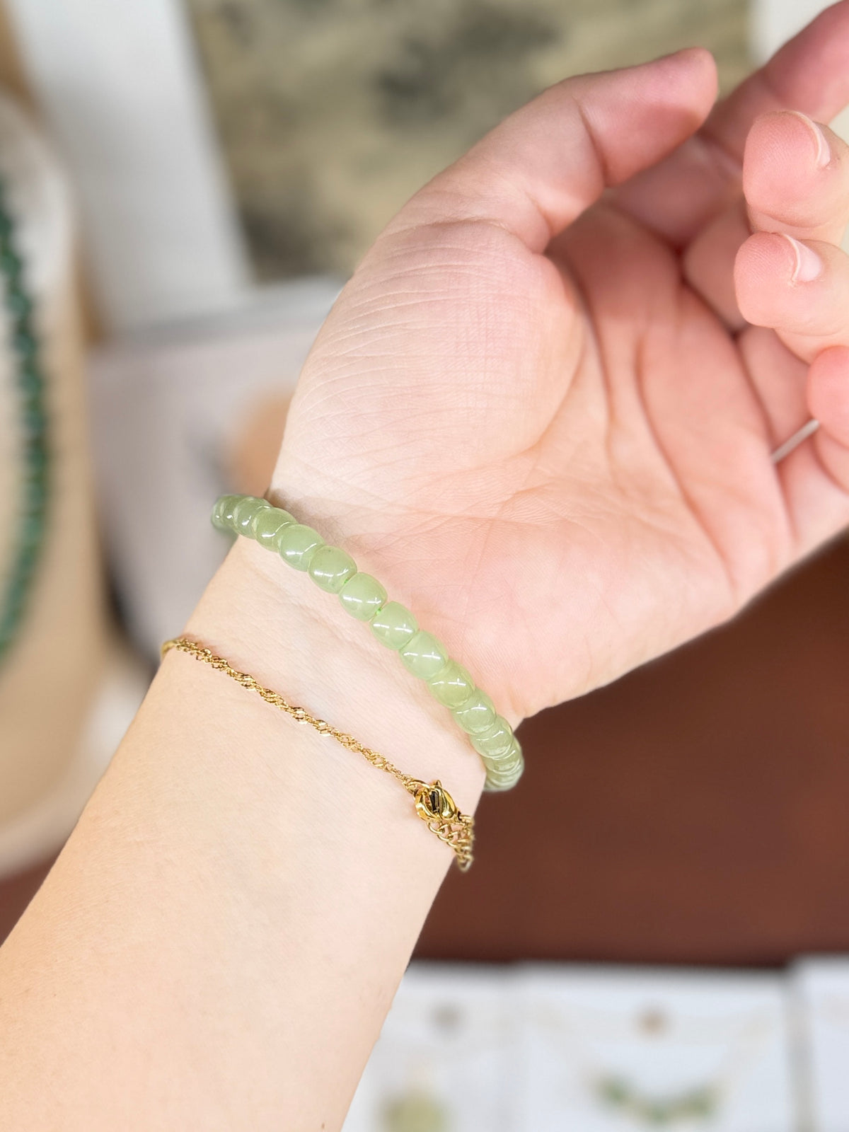 Natural Hetian Jade Beaded Bracelet, Authentic Light Green Nephrite Jade