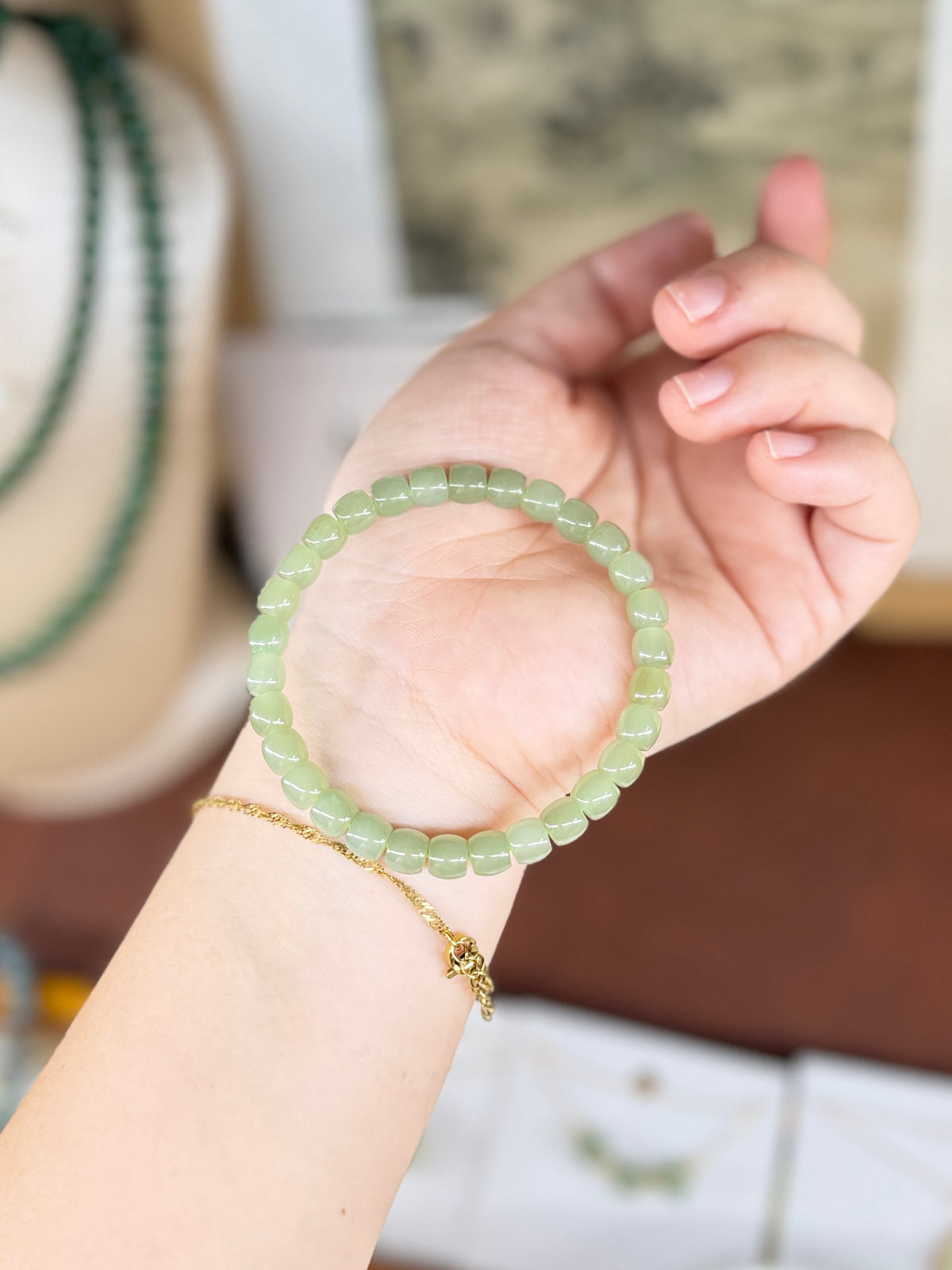 Natural Hetian Jade Beaded Bracelet, Authentic Light Green Nephrite Jade