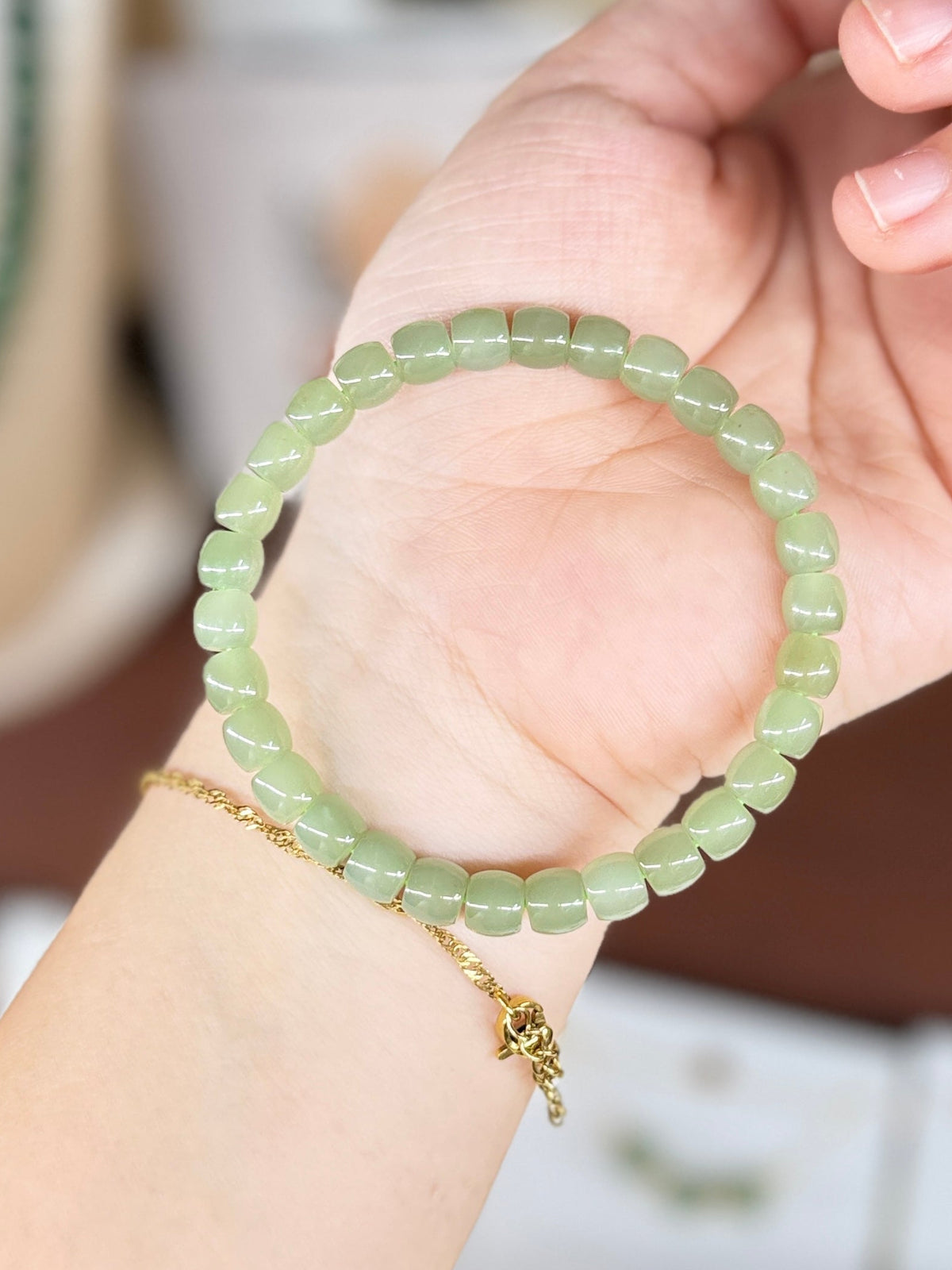Natural Hetian Jade Beaded Bracelet, Authentic Light Green Nephrite Jade