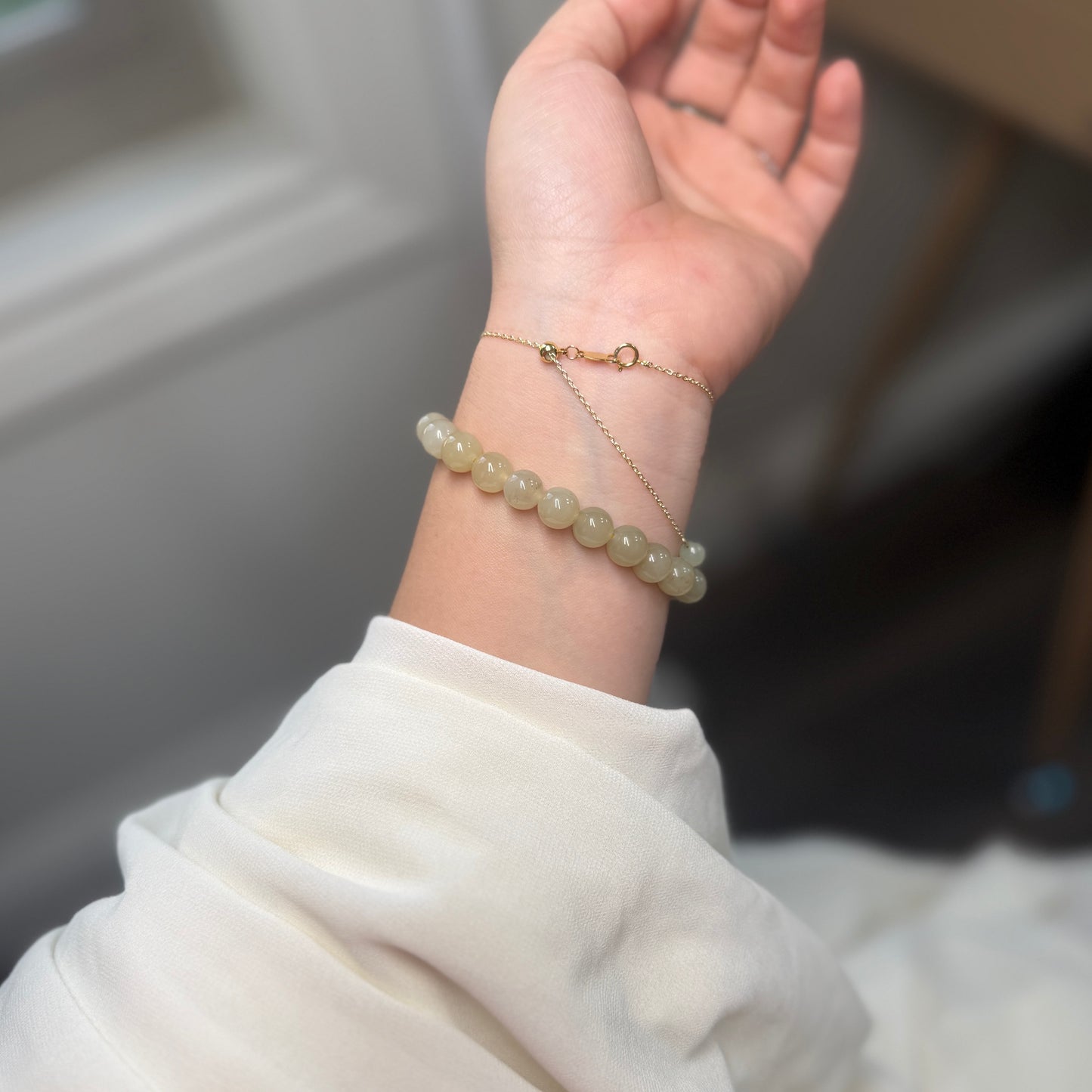 Natural Hetian Jade Beaded Bracelet, Authentic Nephrite Jade