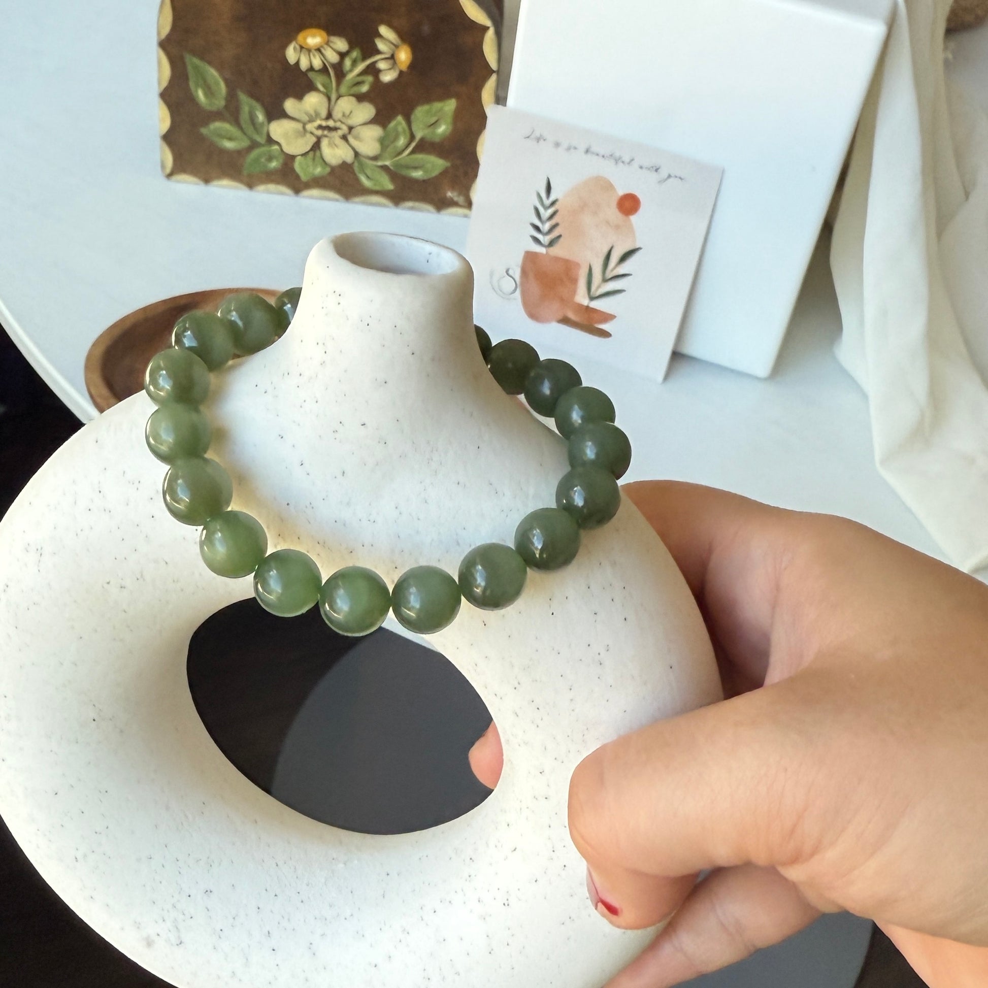 Natural Hetian Jade Beaded Bracelet, High Quality Nephrite (No Black Spots)