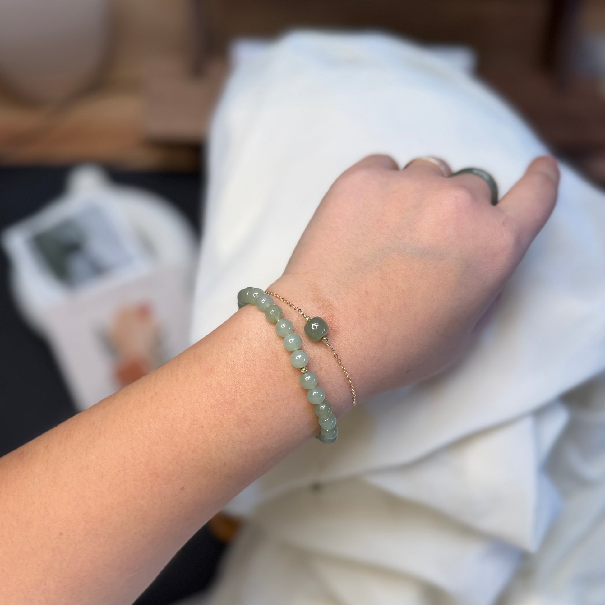 Natural Hetian Jade Bracelet, Minimalist Bracelet, Lucky Nephrite Bracelet, Single Bead Bracelet with Dainty Chain and a Small Green Charm