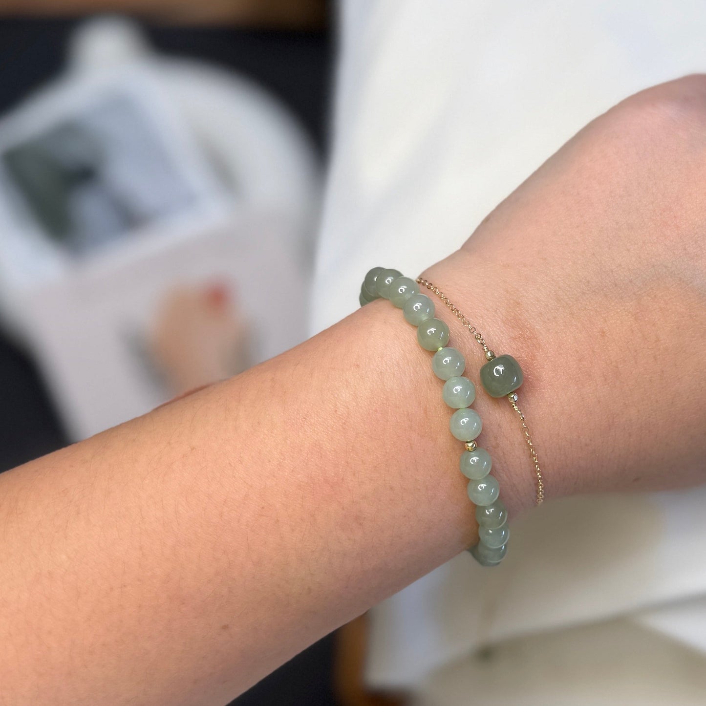 Natural Hetian Jade Bracelet, Minimalist Bracelet, Lucky Nephrite Bracelet, Single Bead Bracelet with Dainty Chain and a Small Green Charm