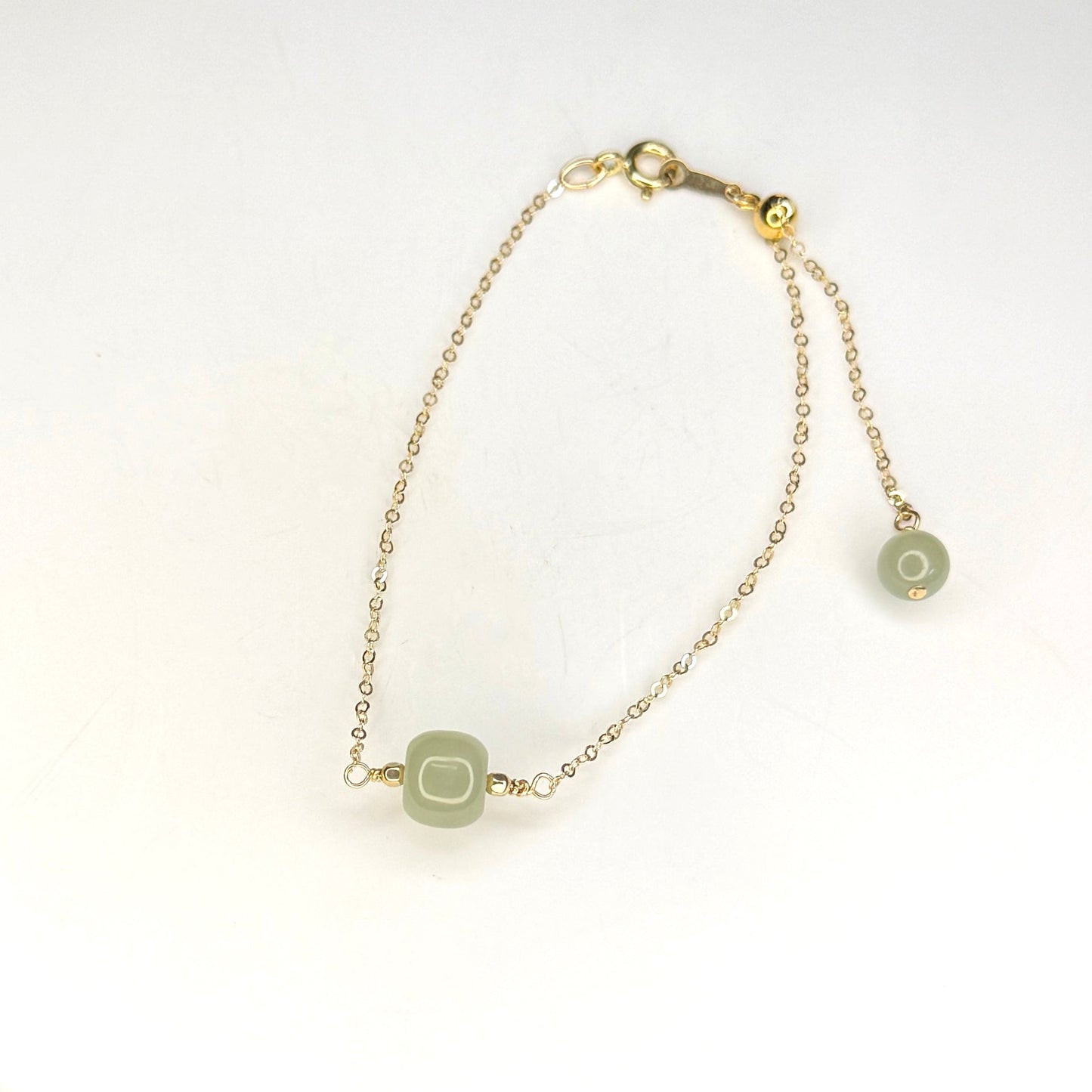 Natural Hetian Jade Bracelet, Minimalist Bracelet, Lucky Nephrite Bracelet, Single Bead Bracelet with Dainty Chain and a Small Green Charm