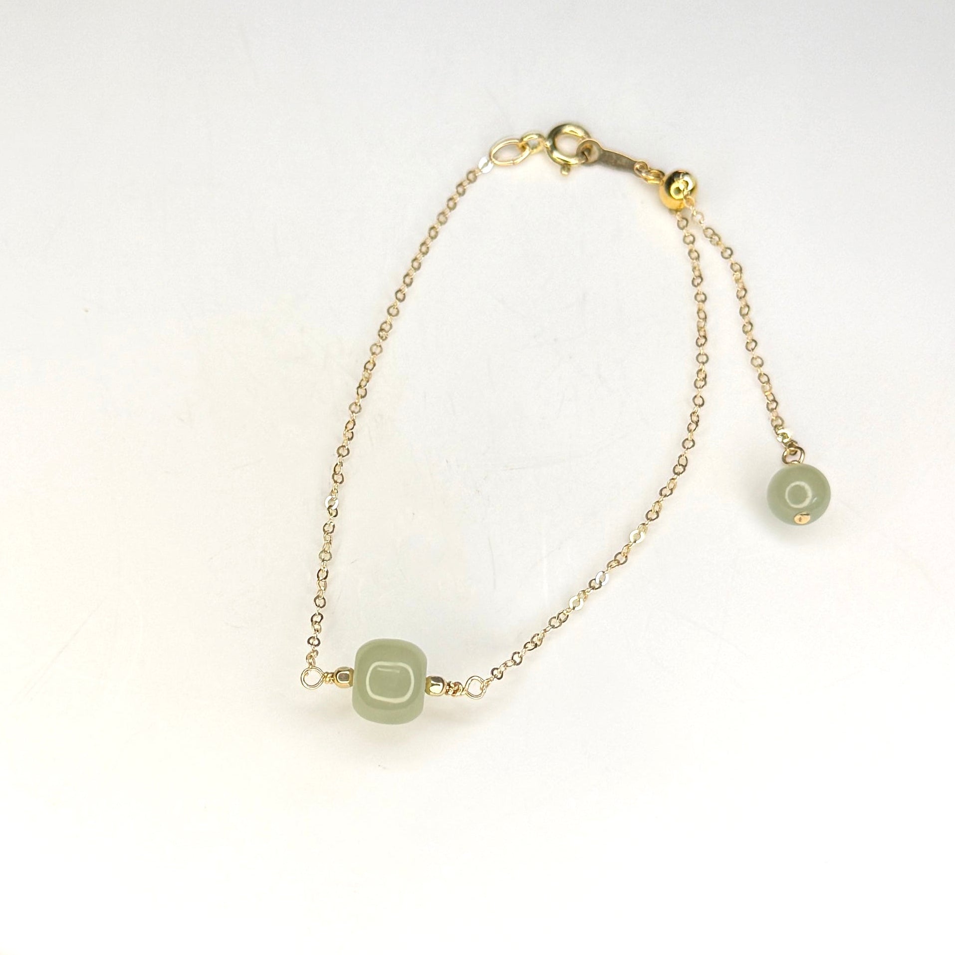 Natural Hetian Jade Bracelet, Minimalist Bracelet, Lucky Nephrite Bracelet, Single Bead Bracelet with Dainty Chain and a Small Green Charm