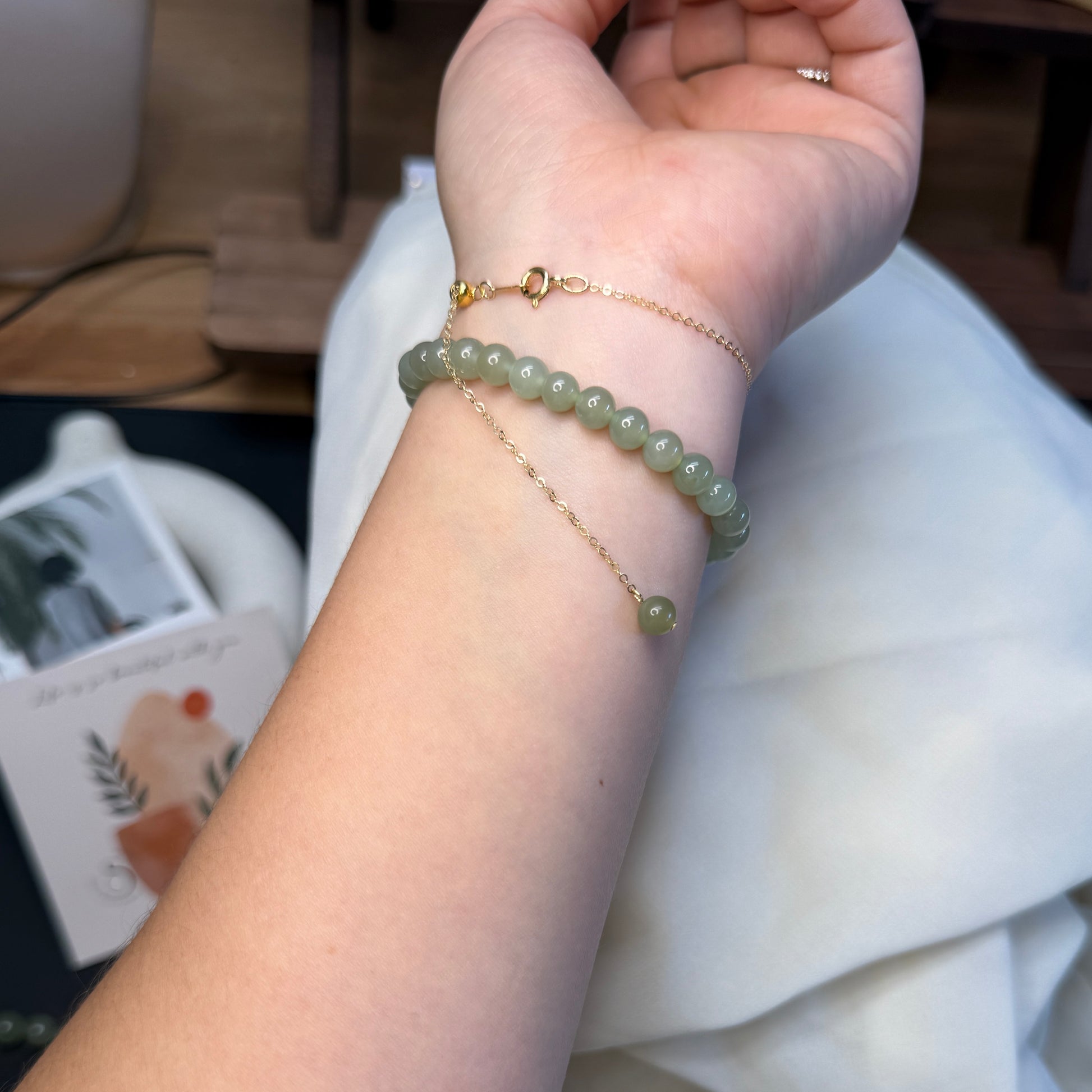 Natural Hetian Jade Bracelet, Minimalist Bracelet, Lucky Nephrite Bracelet, Single Bead Bracelet with Dainty Chain and a Small Green Charm