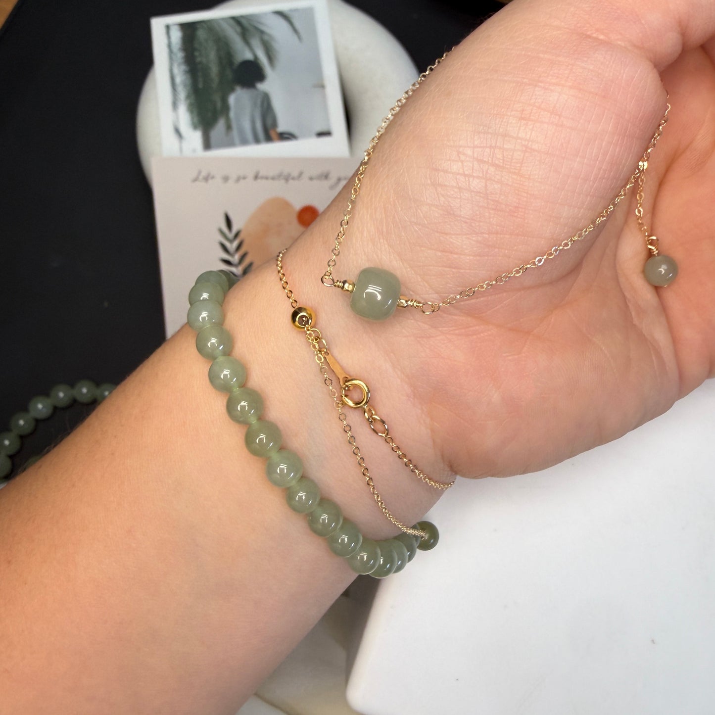 Natural Hetian Jade Bracelet, Minimalist Bracelet, Lucky Nephrite Bracelet, Single Bead Bracelet with Dainty Chain and a Small Green Charm