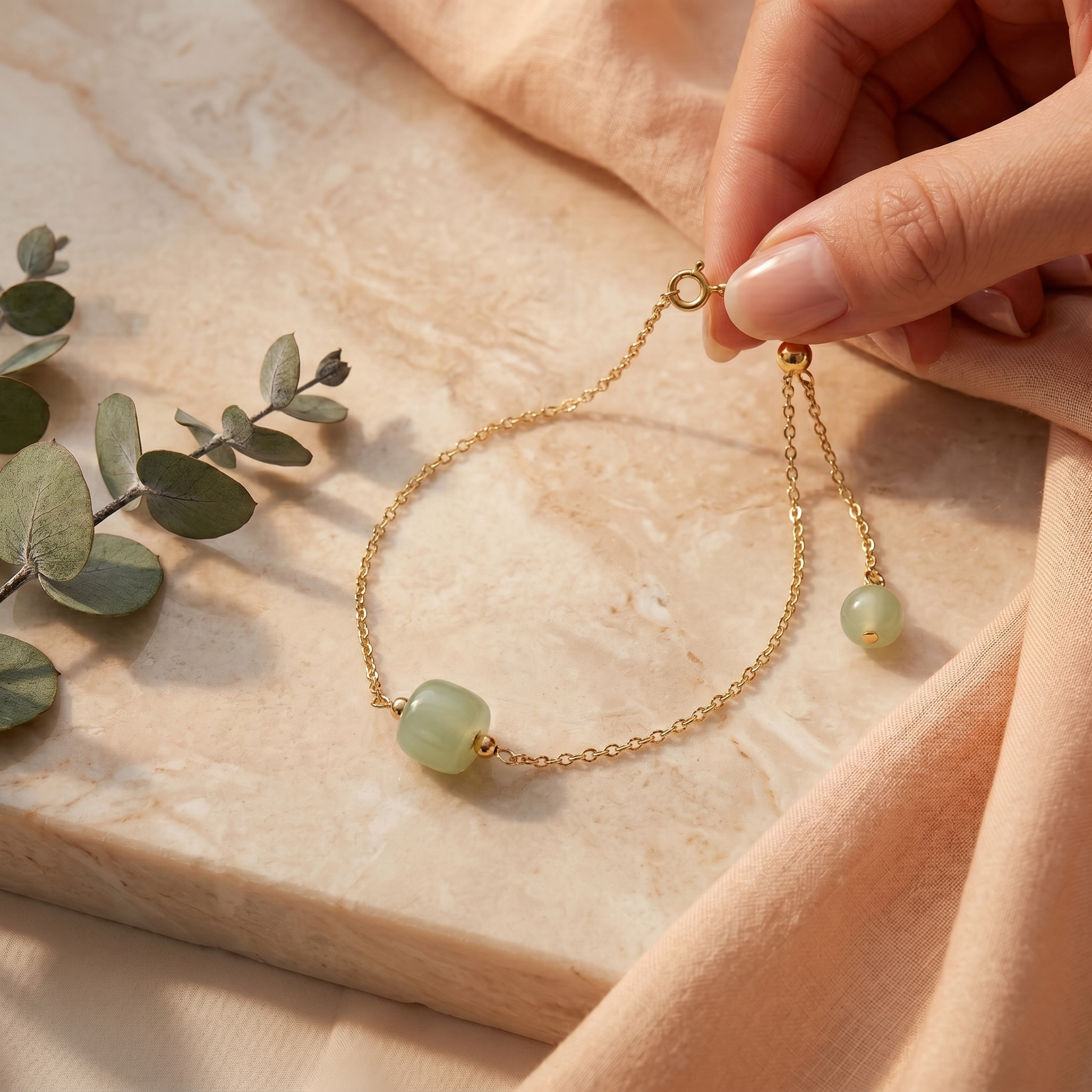Natural Hetian Jade Bracelet, Minimalist Bracelet, Lucky Nephrite Bracelet, Single Bead Bracelet with Dainty Chain and a Small Green Charm