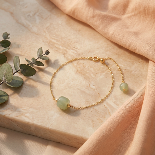 Natural Hetian Jade Bracelet, Minimalist Bracelet, Lucky Nephrite Bracelet, Single Bead Bracelet with Dainty Chain and a Small Green Charm