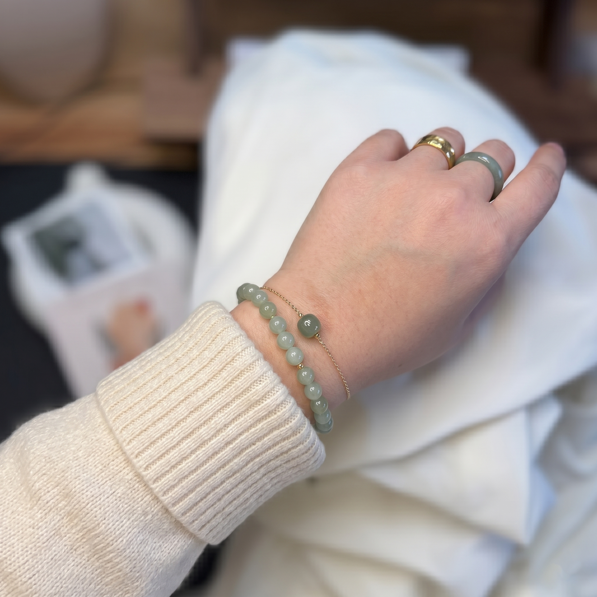 Natural Hetian Jade Bracelet, Minimalist Bracelet, Lucky Nephrite Bracelet, Single Bead Bracelet with Dainty Chain and a Small Green Charm