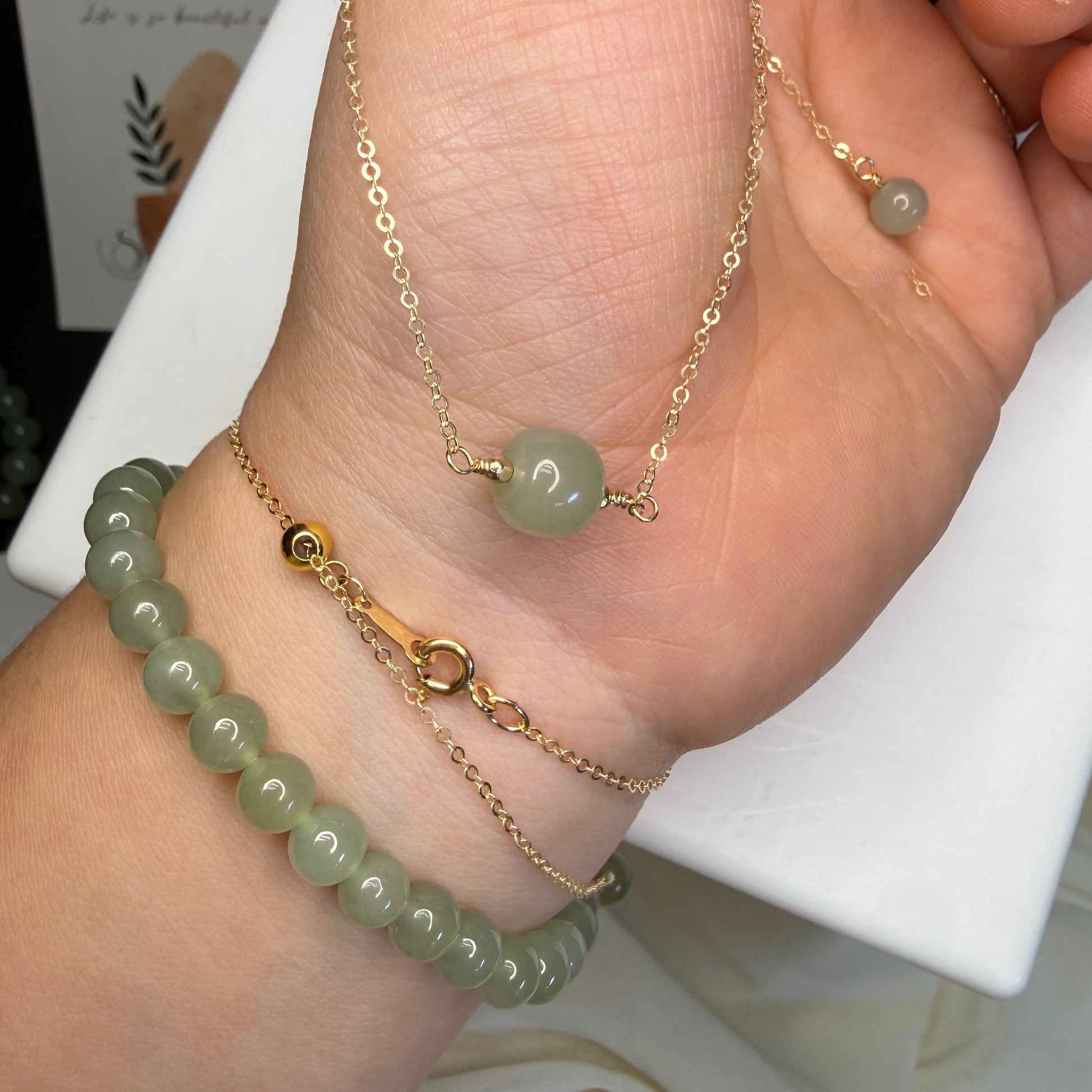 Natural Hetian Jade Bracelet, Minimalist Bracelet, Lucky Nephrite Bracelet, Single Bead Bracelet with Dainty Chain and a Small Green Charm