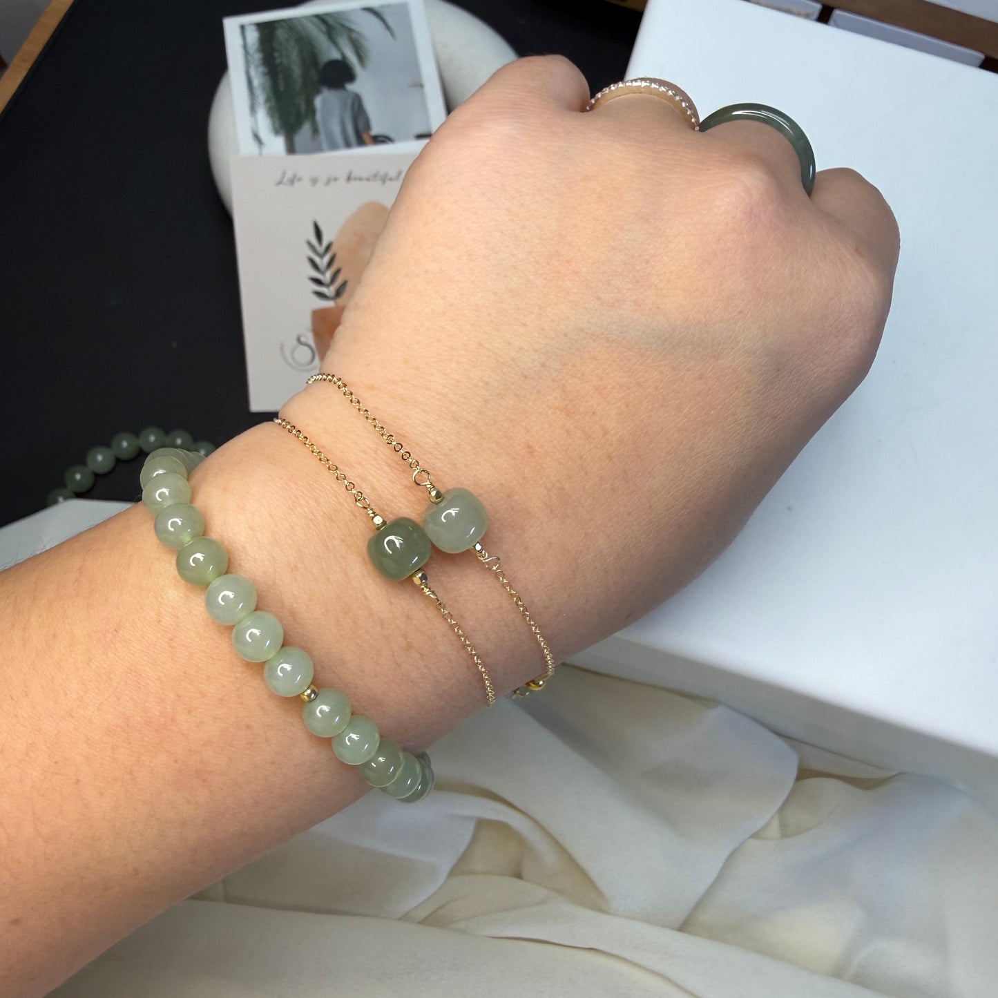 Natural Hetian Jade Bracelet, Minimalist Bracelet, Lucky Nephrite Bracelet, Single Bead Bracelet with Dainty Chain and a Small Green Charm