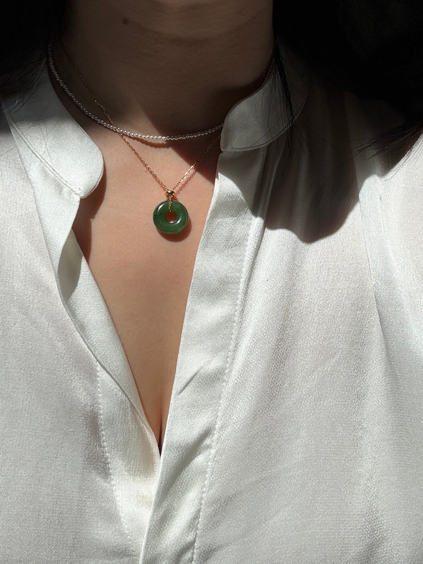 Natural Hetian Jade Necklace, Very Green Donut Nephrite Pendant