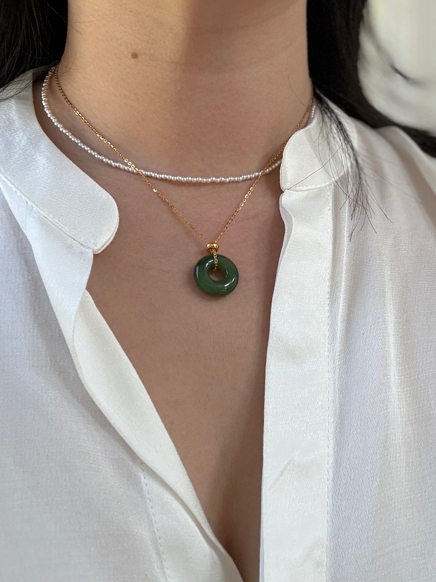 Natural Hetian Jade Necklace, Very Green Donut Nephrite Pendant