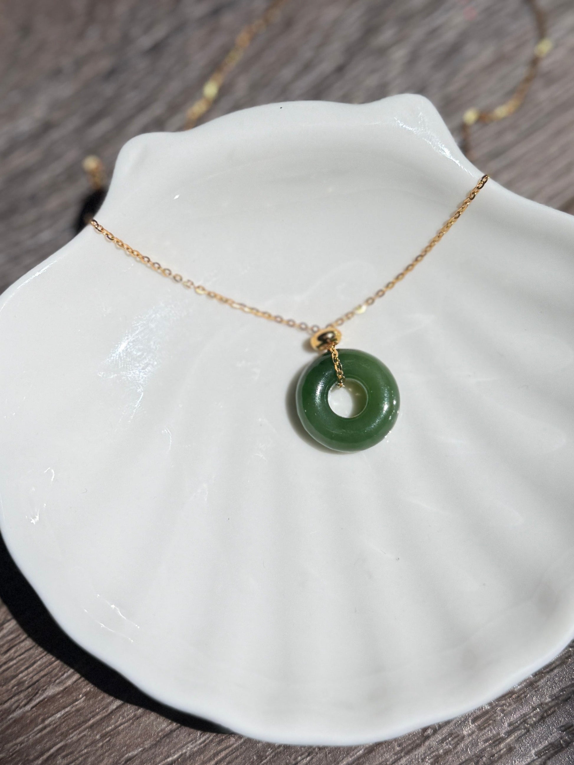 Natural Hetian Jade Necklace, Very Green Donut Nephrite Pendant