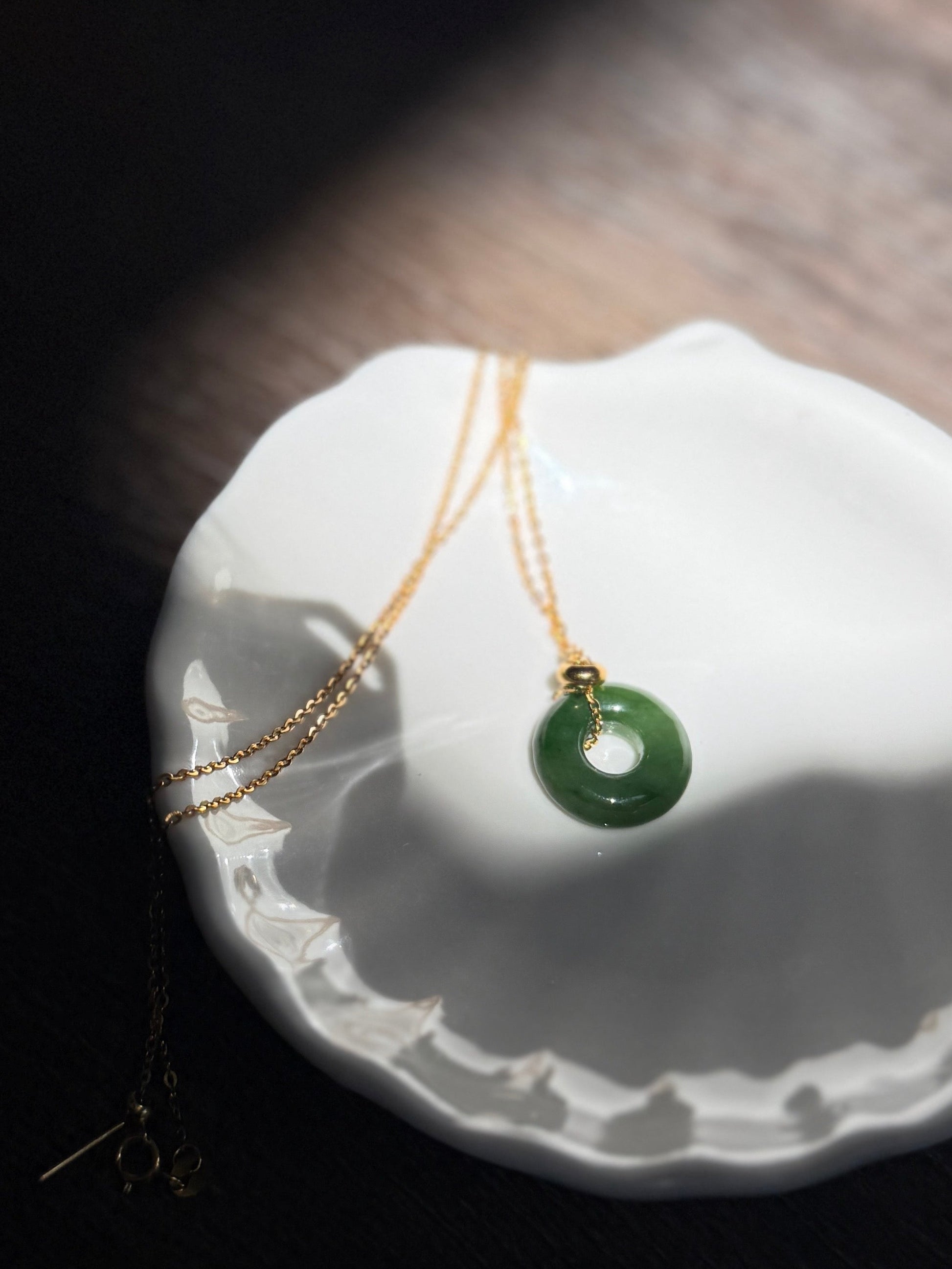 Natural Hetian Jade Necklace, Very Green Donut Nephrite Pendant