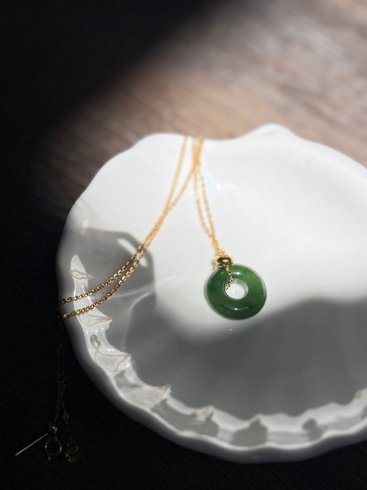 Natural Hetian Jade Necklace, Very Green Donut Nephrite Pendant