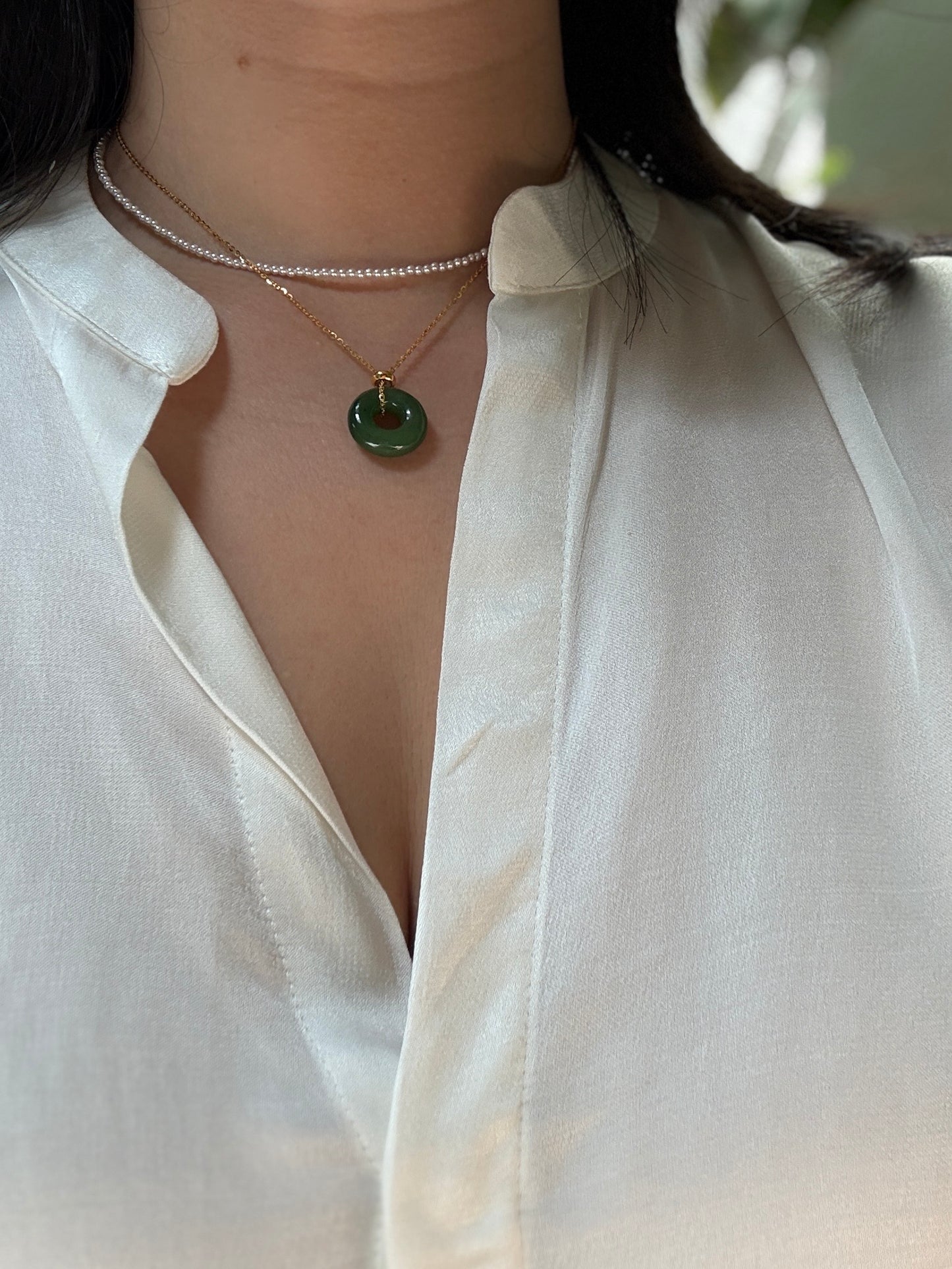 Natural Hetian Jade Necklace, Very Green Donut Nephrite Pendant