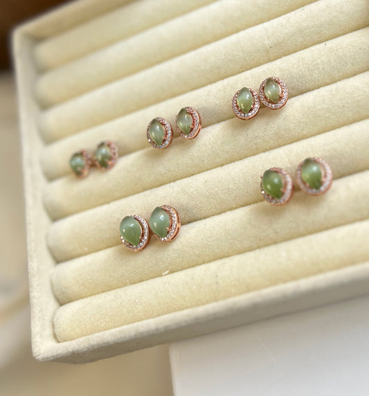 Natural Hetian Jade Earrings with 925 Sterling Silver, Cat Eye Jade Stud Earrings