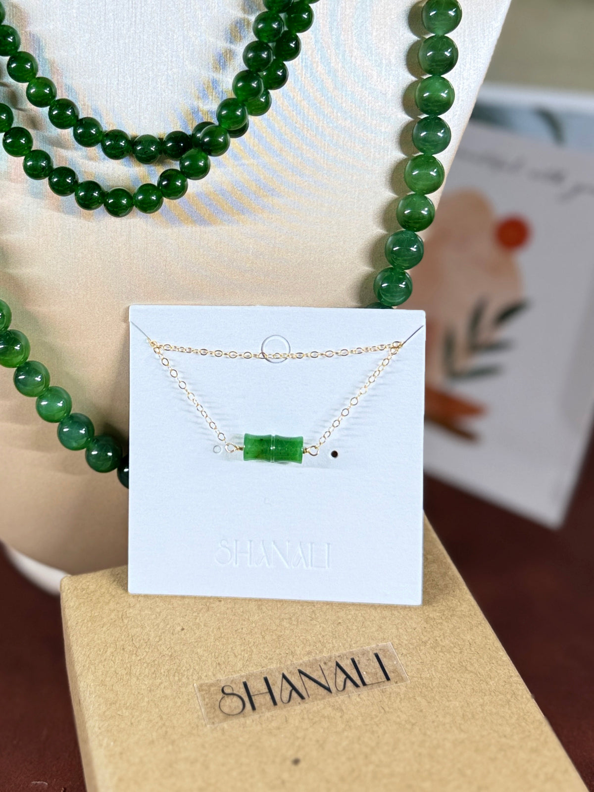 Natural Jade Floating Bamboo Necklace with Dainty Gold Filled Chain
