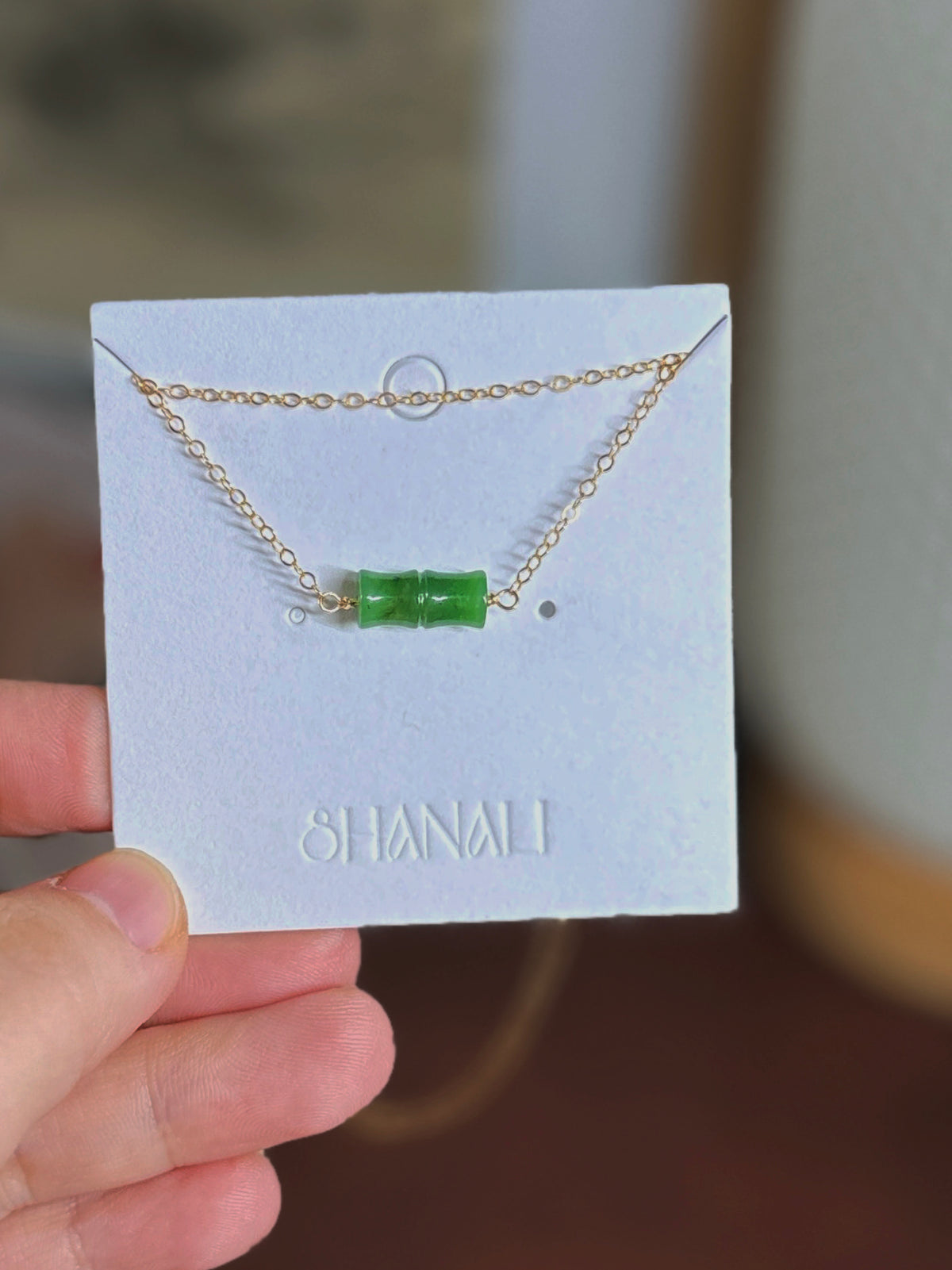 Natural Jade Floating Bamboo Necklace with Dainty Gold Filled Chain