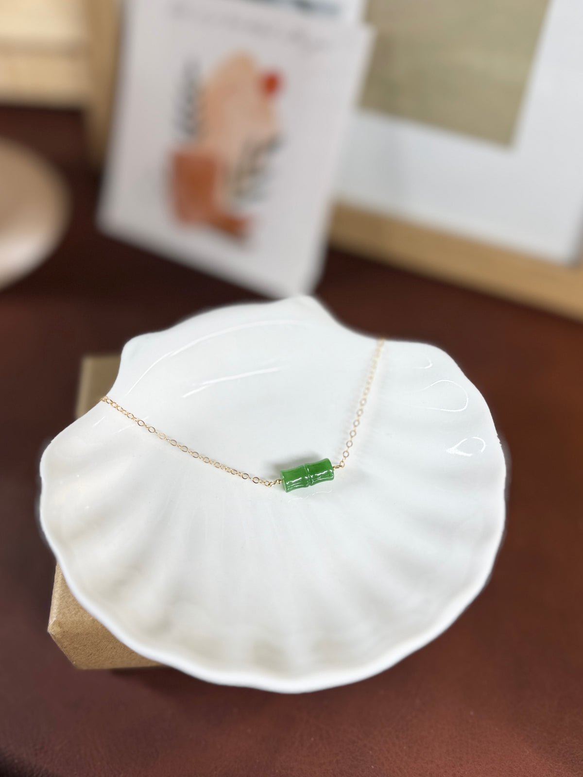 Natural Jade Floating Bamboo Necklace with Dainty Gold Filled Chain