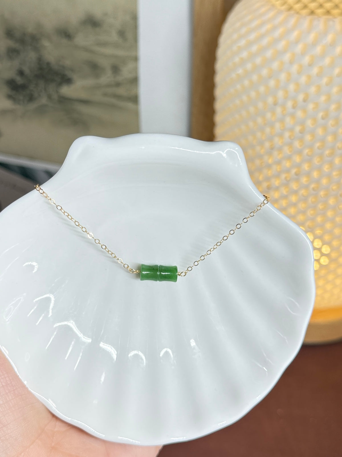 Natural Jade Floating Bamboo Necklace with Dainty Gold Filled Chain