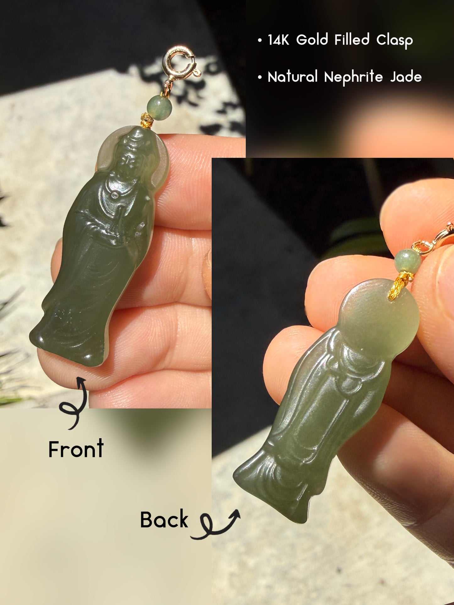 Natural Jade Guan Yin Pendant with 14K Gold Filled Clasp
